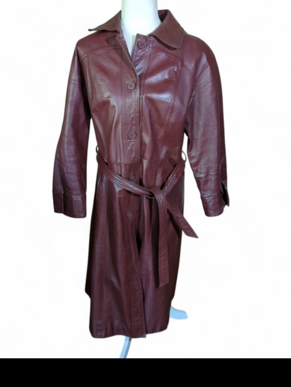 Vtg 70s Suburban Heritage Burgundy oxblood Leather Chic Trench Coat Tie Belt - Picture 13 of 14